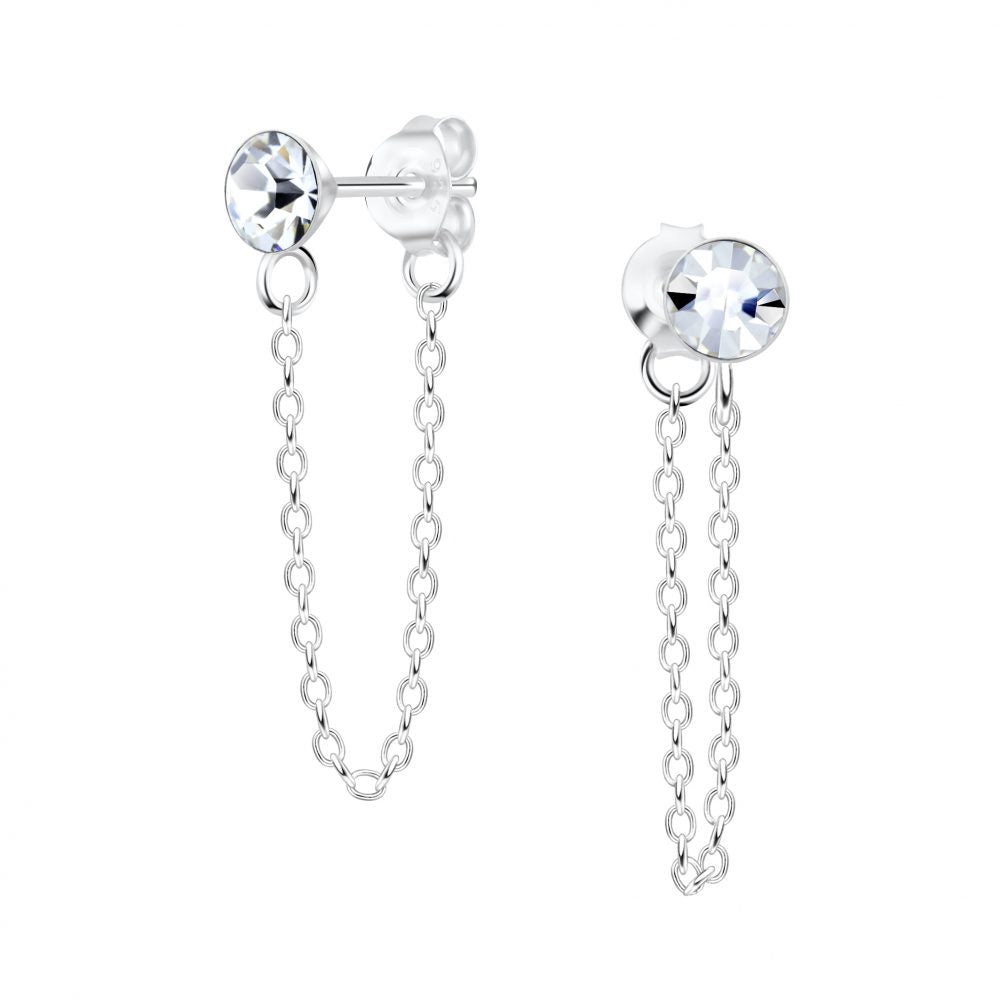 4mm Crystal Silver Stud Earrings with Chain - Crystal - 925 Sterling Silver Women's Jewelry