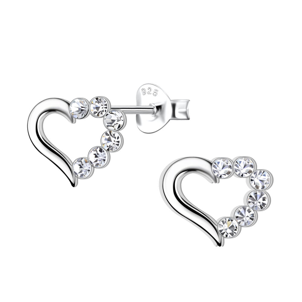 Silver Heart Stud Earrings - Crystal - 925 Sterling Silver Women's Jewelry