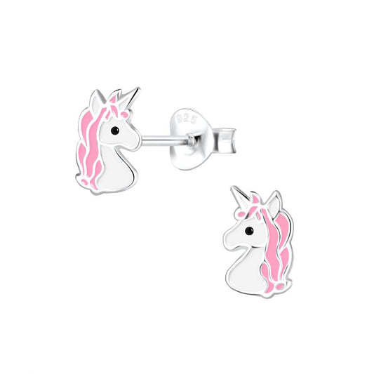 Pink Unicorn Head Stud Earrings - 925 Sterling Silver