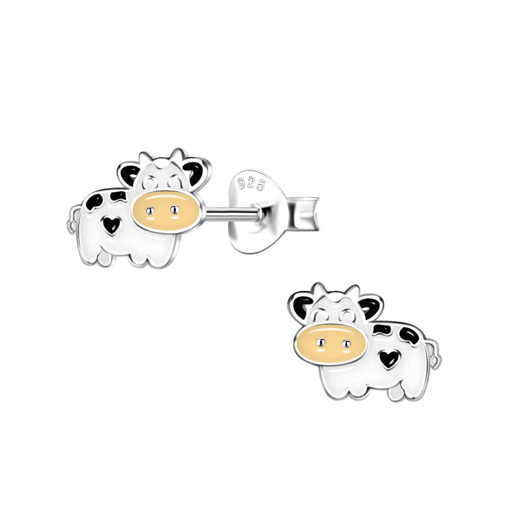 Silver Dairy Cow Stud Earrings - 925 Sterling Silver Women's Jewelry