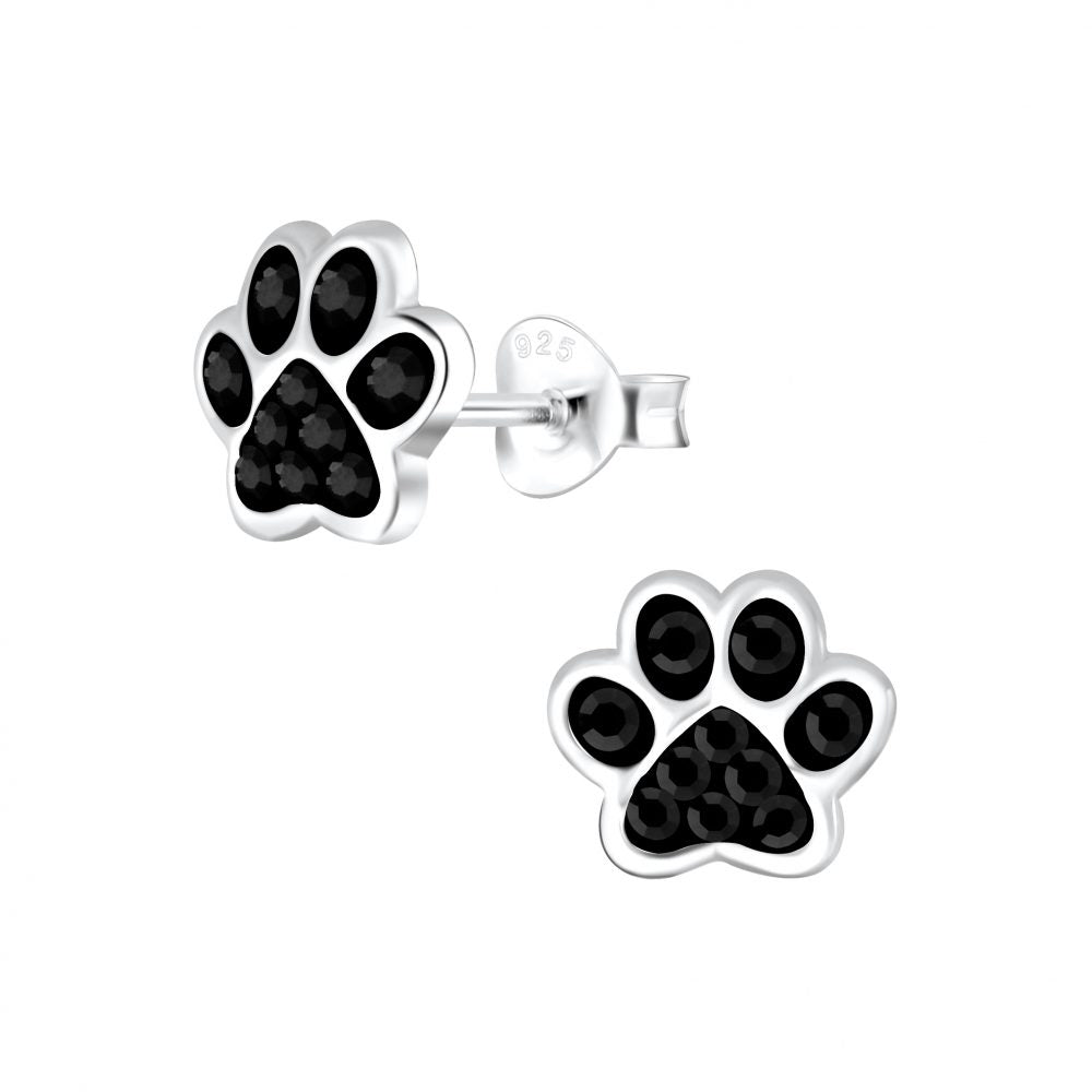 Paw Print Stud Earrings - Jet Black - 925 Sterling Silver