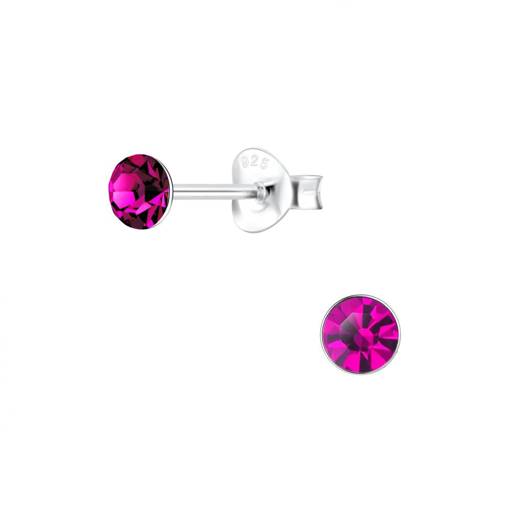 4mm Round Crystal Silver Stud Earrings - Fuchsia - 925 Sterling Silver