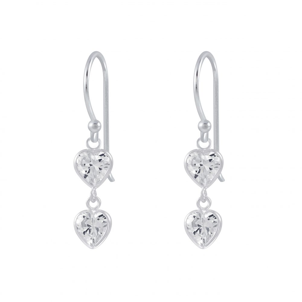 Silver Heart Cubic Zirconia Dangle Earrings - White - 925 Sterling Silver Women's Jewelry