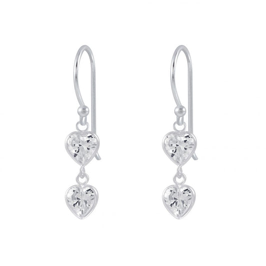 Silver Heart Cubic Zirconia Dangle Earrings - White - 925 Sterling Silver Women's Jewelry