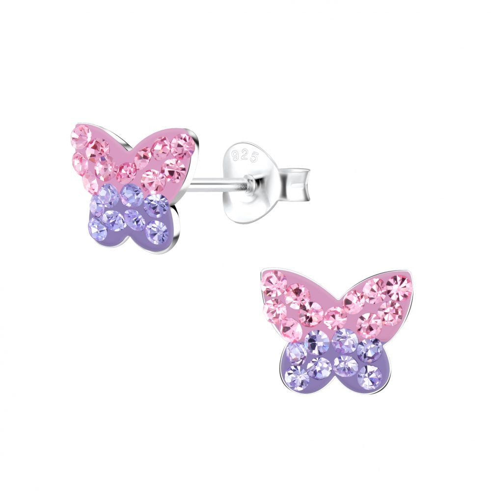 Pink Purple Butterfly Stud Earrings - 925 Sterling Silver