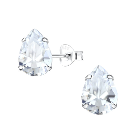 Pear Cubic Zirconia Silver Stud Earrings - 7x10mm - White - 925 Sterling Silver Women's Jewelry