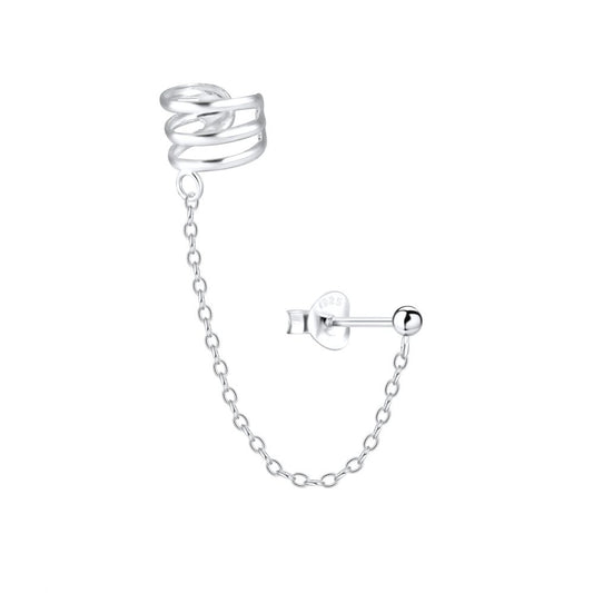 Triple Line and Ball Stud Ear Cuff - 925 Sterling Silver