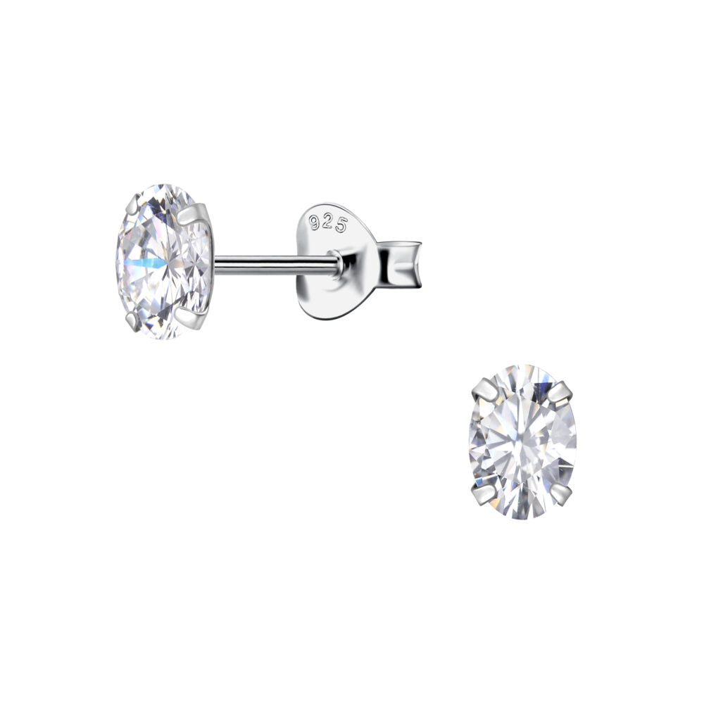 Oval Cubic Zirconia Silver Stud Earrings - 4x6mm - White - 925 Sterling Silver Women's Jewelry