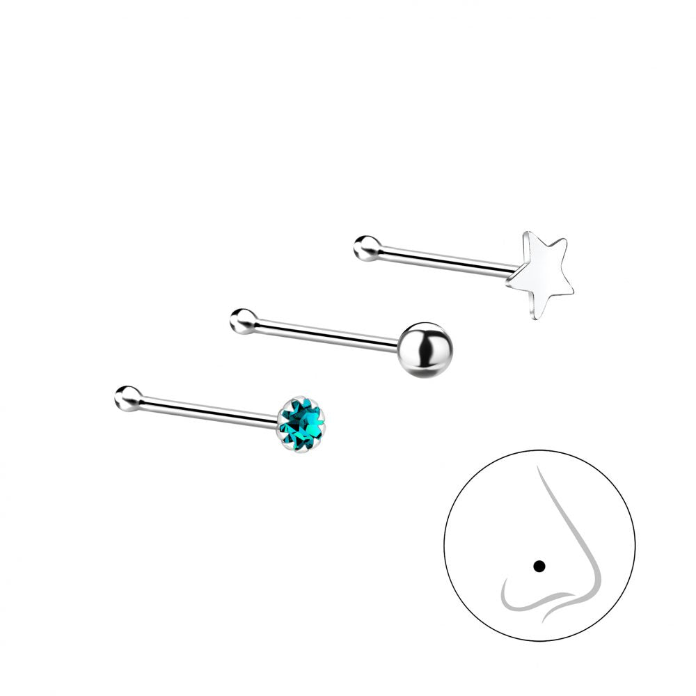 Mixed Nose Jewelry Set, 3 Nose Studs, Star, Ball, CZ - 925 Sterling Silver Women's Jewelry