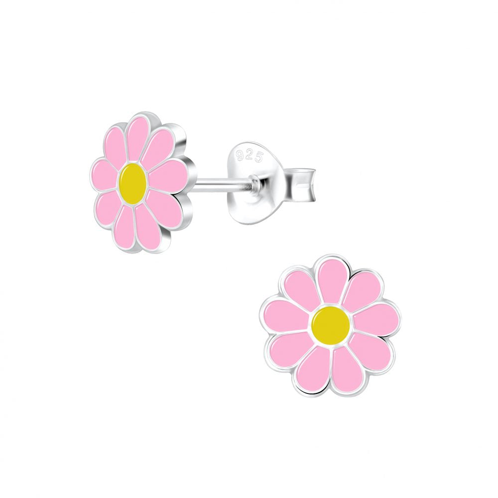 Pink Daisy Flower Stud Earrings - 925 Sterling Silver Women's Jewelry