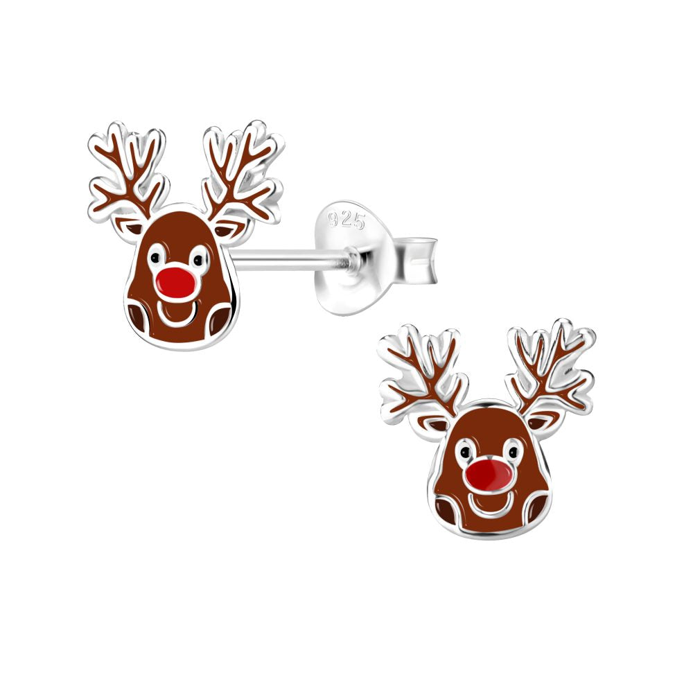 Red Nose Reindeer Stud Earrings - 925 Sterling Silver Women's Jewelry