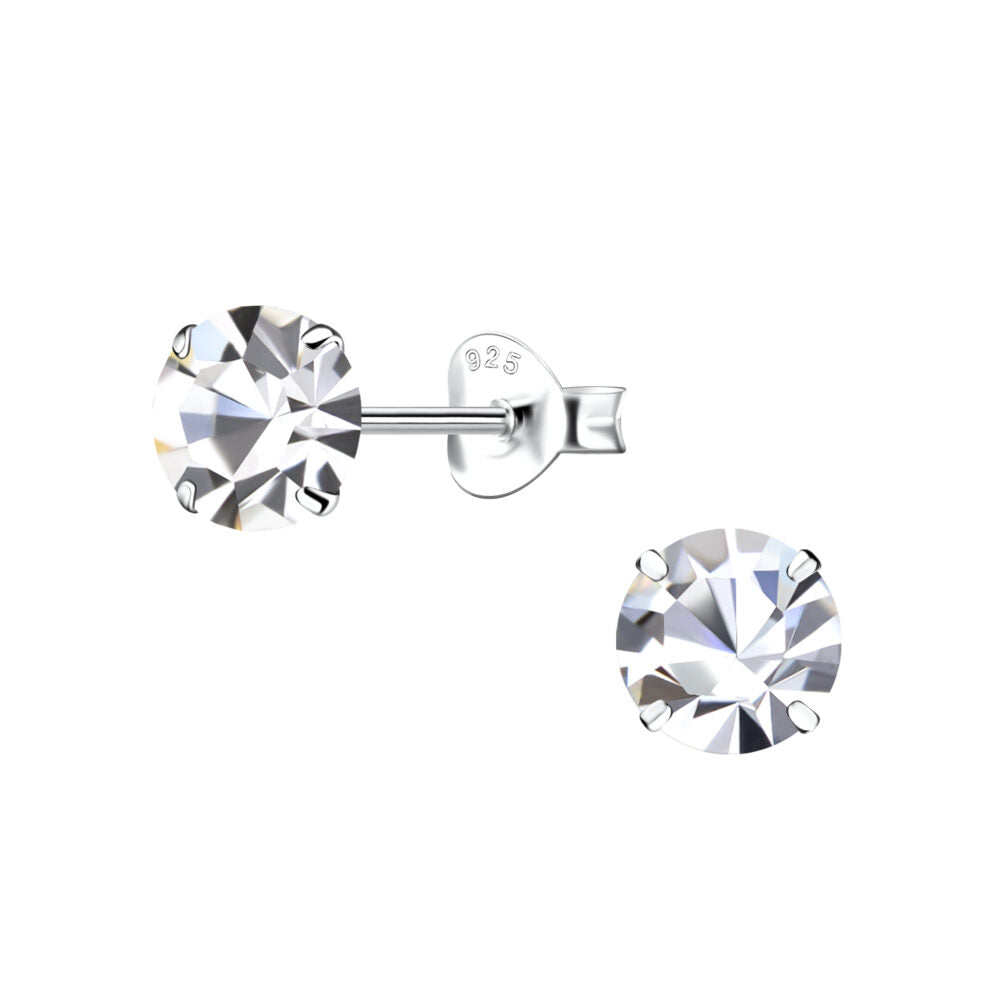 6mm Round Crystal Silver Stud Earrings - Crystal - 925 Sterling Silver Women's Jewelry