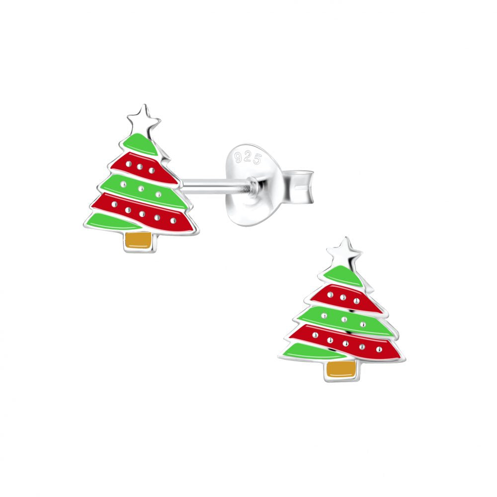 Silver Christmas Tree Stud Earrings Red Green - 925 Sterling Silver Women's Jewelry