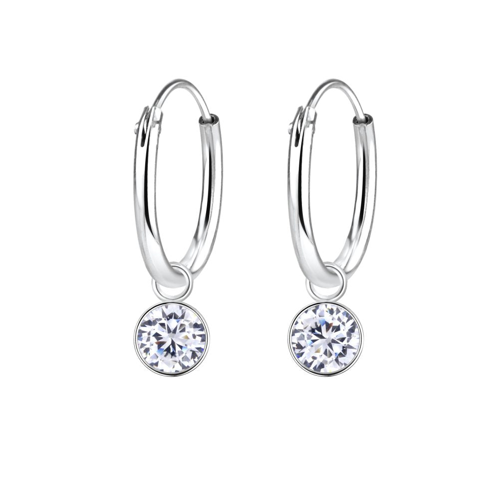 4mm Round Cubic Zirconia Silver Charm Hoop Earrings - White - 925 Sterling Silver Women's Jewelry