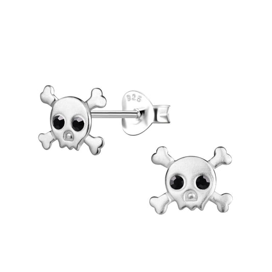 Silver Skull Stud Earrings - Jet - 925 Sterling Silver Women's Jewelry