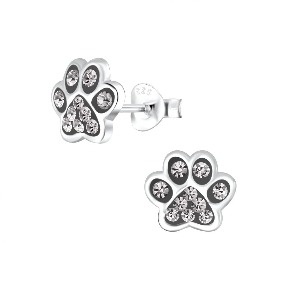 Paw Print Stud Earrings - Gray - 8mm - 925 Sterling Silver