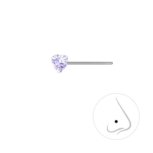 3mm Heart Cubic Zirconia Silver Nose Stud - Lavender - 925 Sterling Silver Women's Jewelry