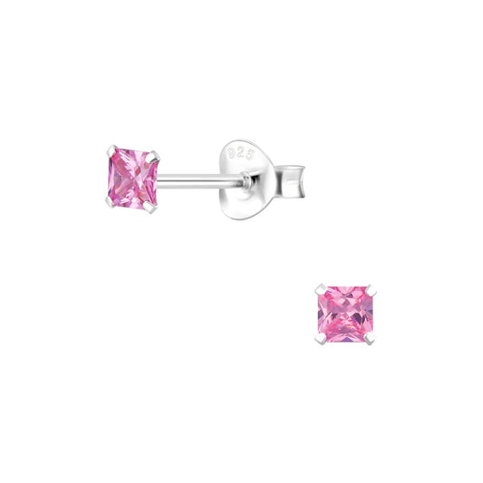 3mm Square Cubic Zirconia Silver Stud Earrings - Pink - 925 Sterling Silver Women's Jewelry