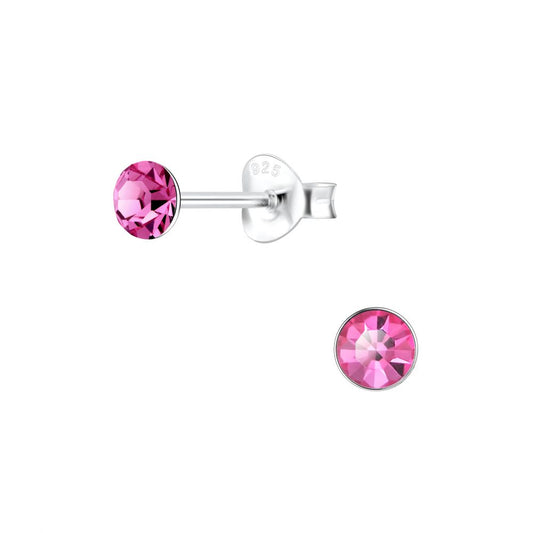 4mm Round Crystal Silver Stud Earrings - Rose - 925 Sterling Silver