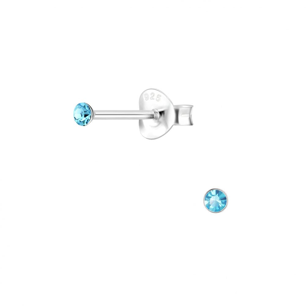 2mm Round Crystal Silver Stud Earrings - Aqua Bohemica - 925 Sterling Silver Women's Jewelry