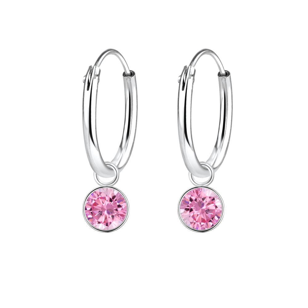 4mm Round Cubic Zirconia Silver Charm Hoop Earrings - Pink - 925 Sterling Silver Women's Jewelry