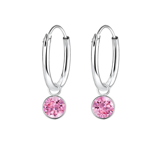 4mm Round Cubic Zirconia Silver Charm Hoop Earrings - Pink - 925 Sterling Silver Women's Jewelry