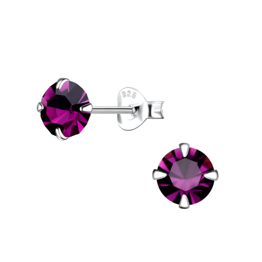 6mm Round Crystal Silver Stud Earrings - Amethyst - 925 Sterling Silver Women's Jewelry