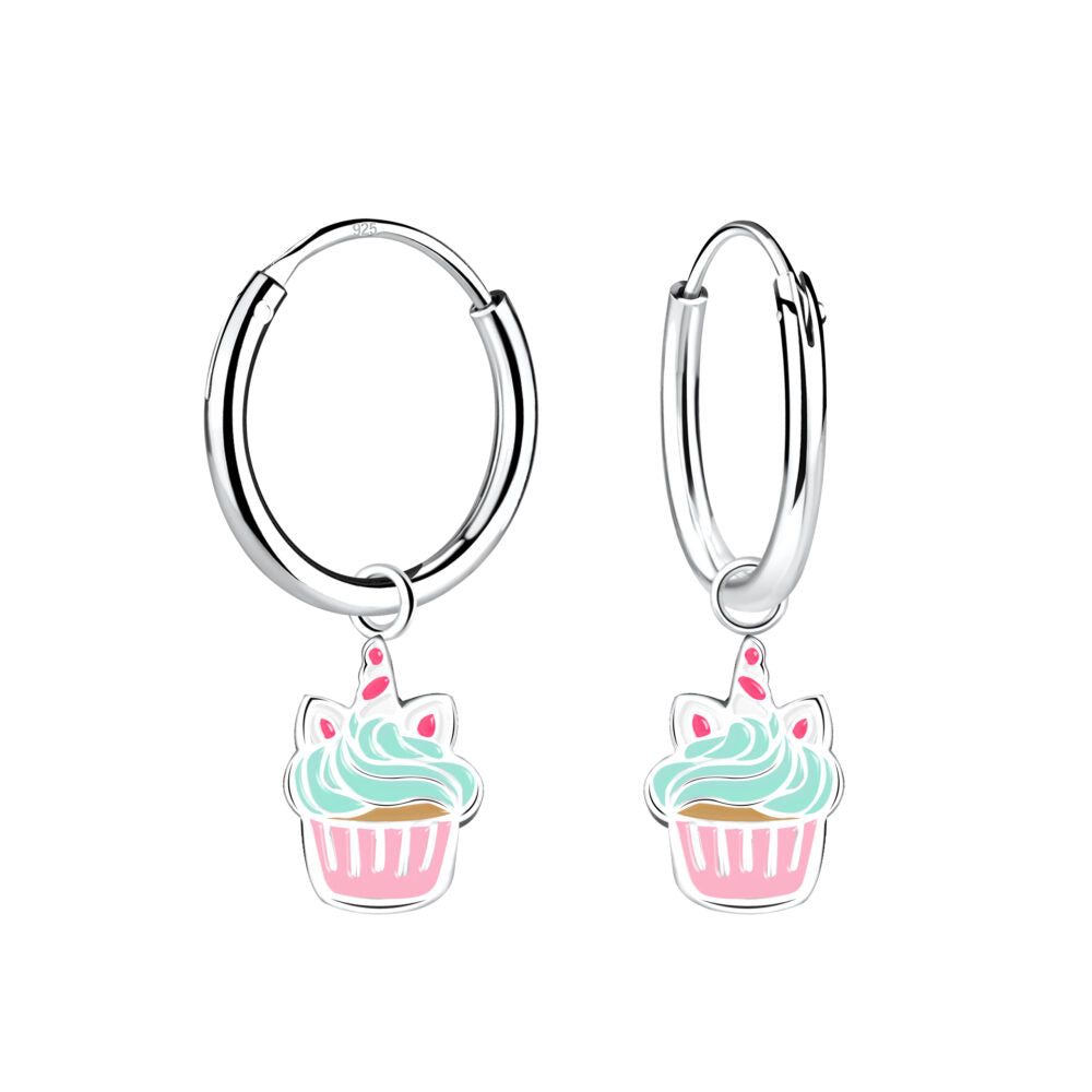 Silver Cupcake Charm Hoop Earrings - 925 Sterling Silver Women's Jewelry