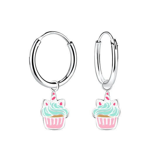 Silver Cupcake Charm Hoop Earrings - 925 Sterling Silver Women's Jewelry