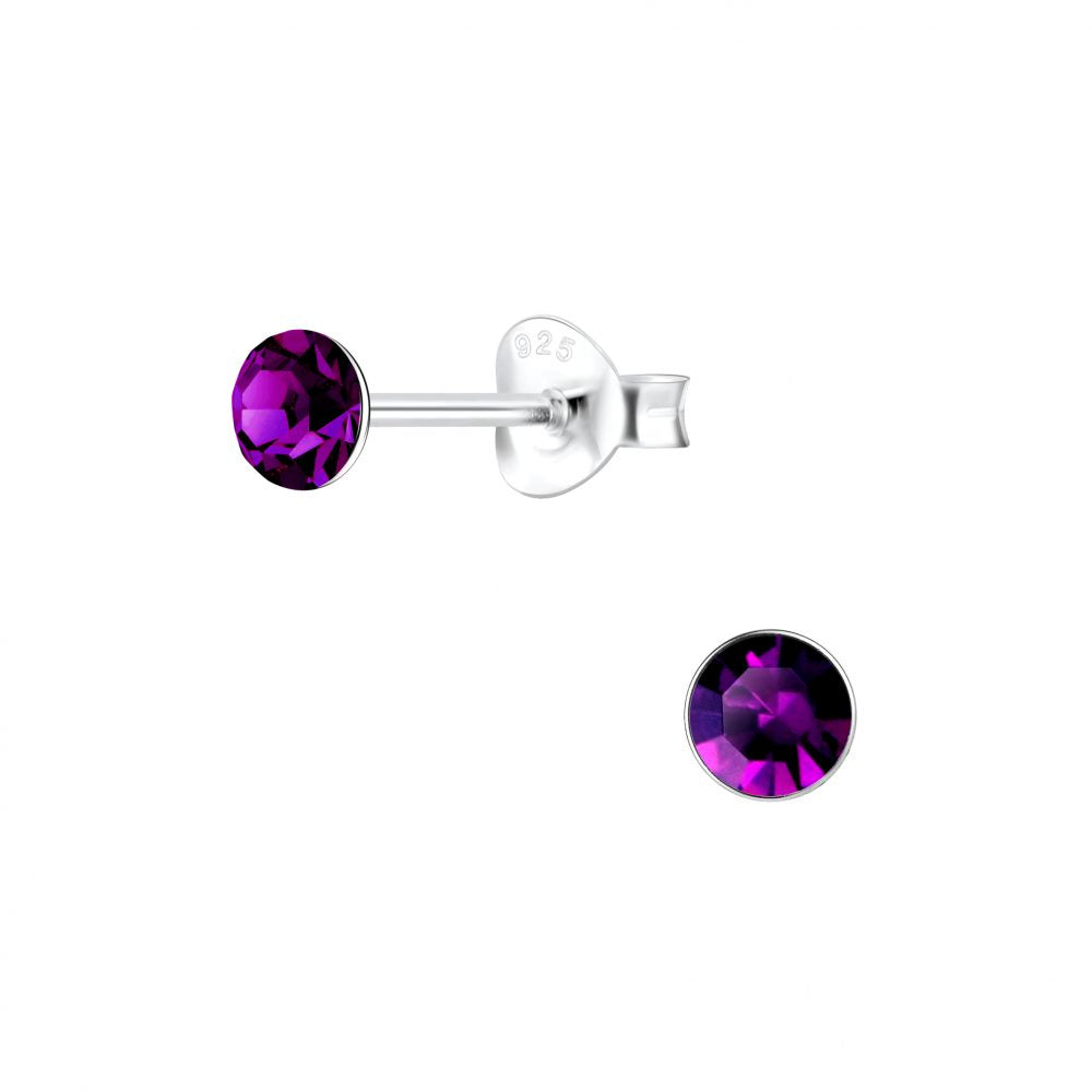 4mm Round Crystal Silver Stud Earrings - Amethyst - 925 Sterling Silver Women's Jewelry