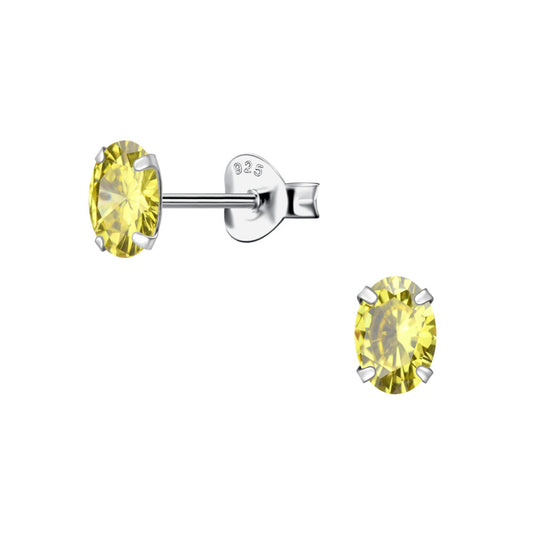 Oval Cubic Zirconia Silver Stud Earrings - 4x6mm - Yellow - 925 Sterling Silver Women's Jewelry