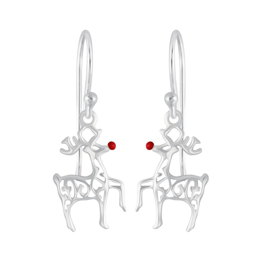 Silver Red Nose Reindeer Earrings - 925 Sterling Silver Women's Jewelry