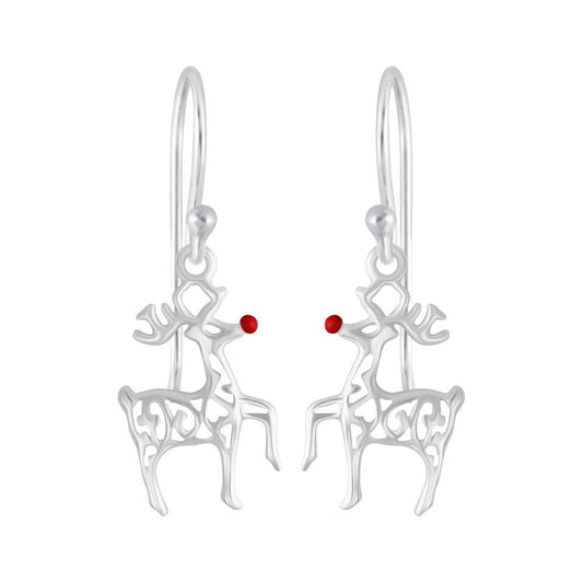 Silver Red Nose Reindeer Earrings - 925 Sterling Silver Women's Jewelry