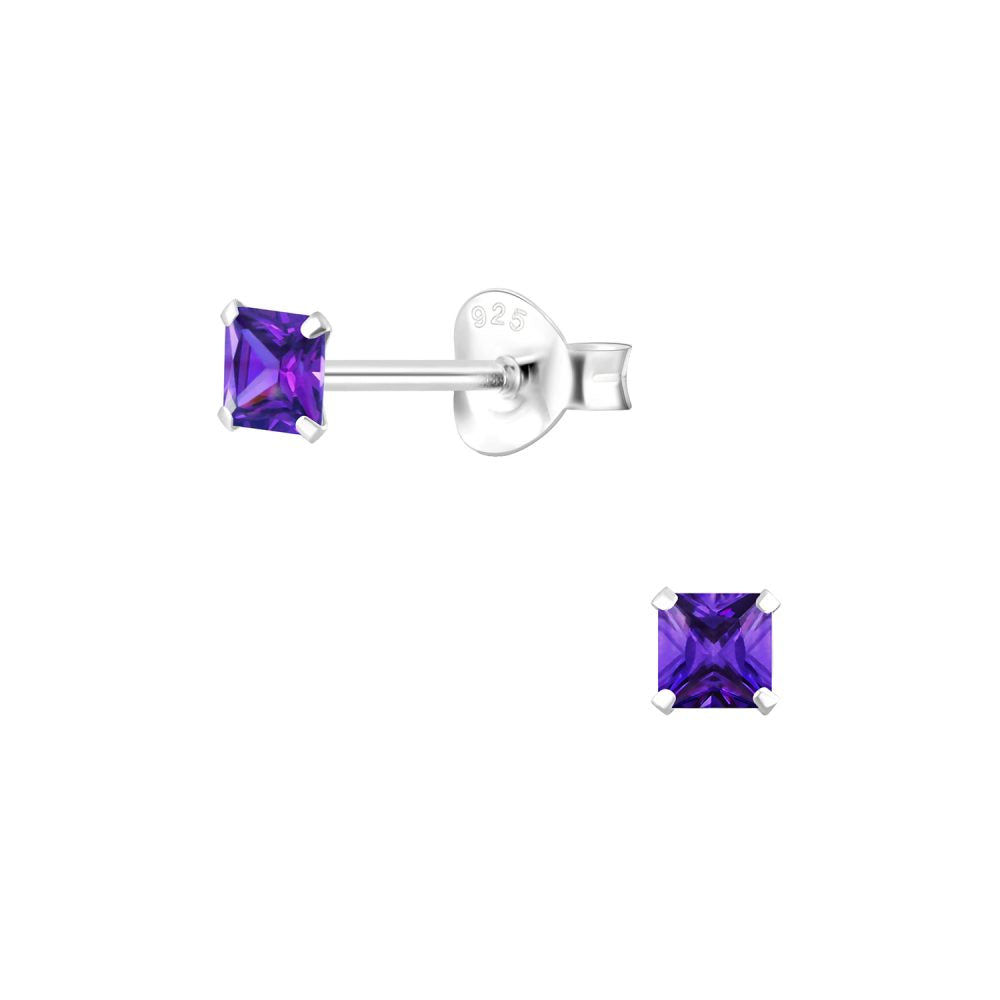 3mm Square Cubic Zirconia Silver Stud Earrings - Violet - 925 Sterling Silver Women's Jewelry