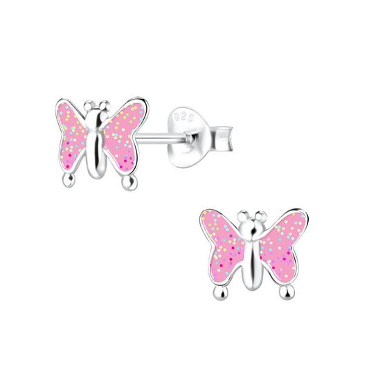 Butterfly Pink Sparkle Stud Earrings - 925 Sterling Silver Women's Jewelry