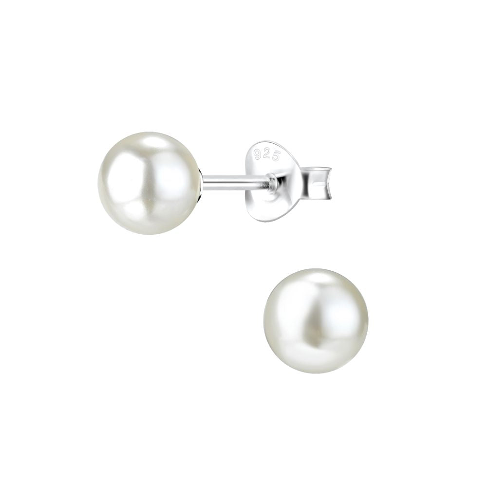 6mm Pearl Silver Stud Earrings - White - 925 Sterling Silver Women's Jewelry