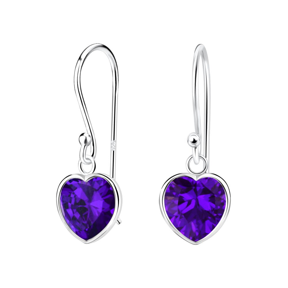 8mm Heart Cubic Zirconia Silver Earrings - Violet - 925 Sterling Silver