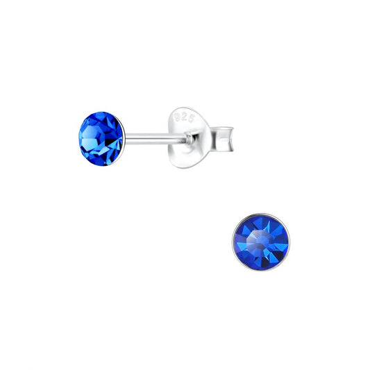 4mm Round Crystal Silver Stud Earrings - Sapphire - 925 Sterling Silver Women's Jewelry