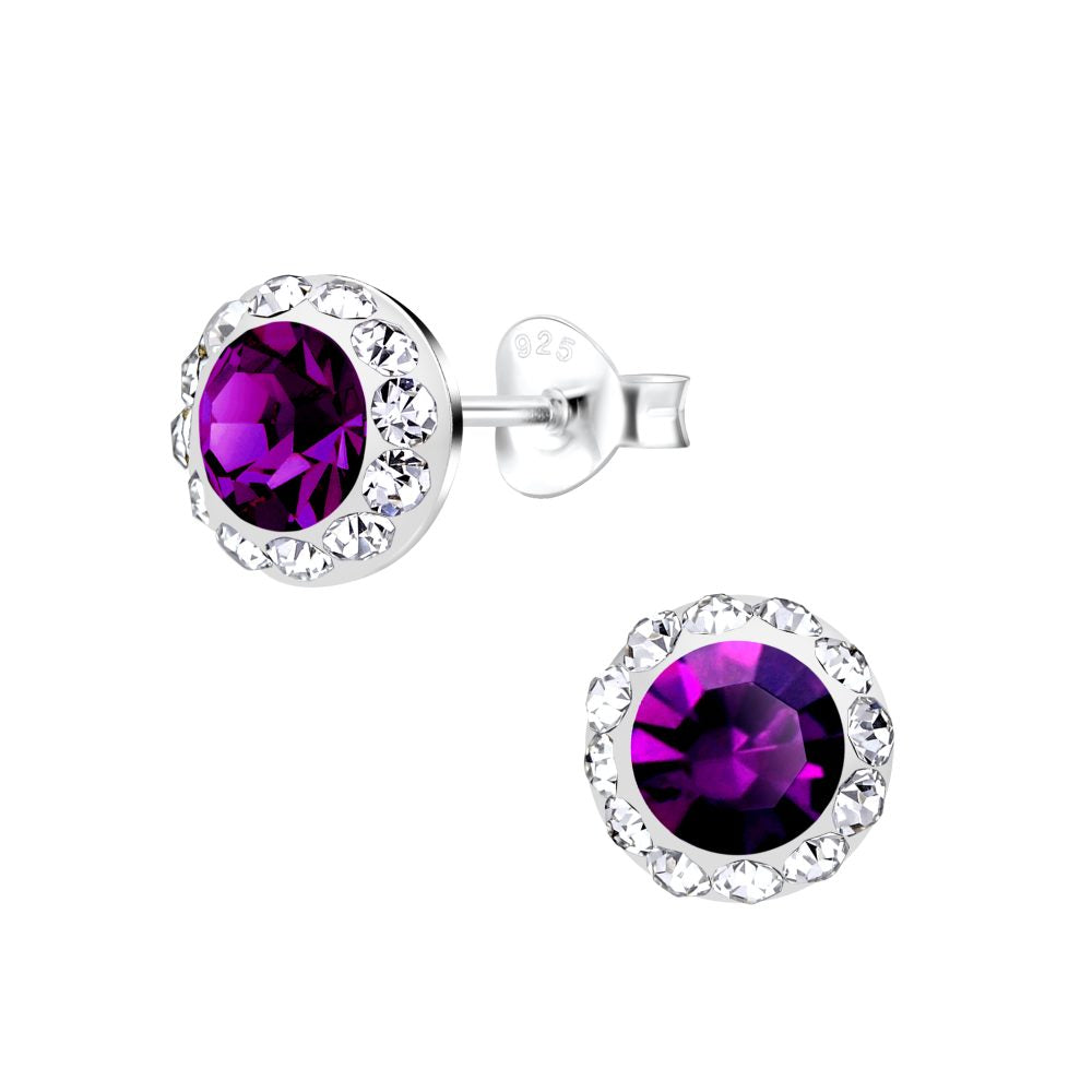 Purple Round Stud Earrings - 925 Sterling Silver Women's Jewelry