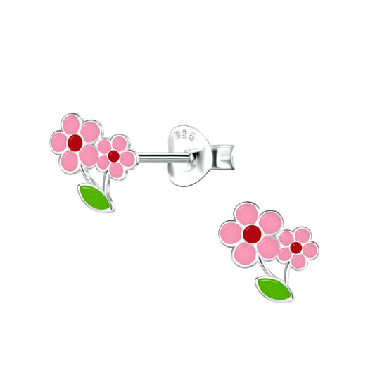 Pink Flower Stud Earrings - 925 Sterling Silver Women's Jewelry