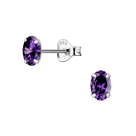 Oval Cubic Zirconia Silver Stud Earrings - 4x6mm - Amethyst - 925 Sterling Silver Women's Jewelry