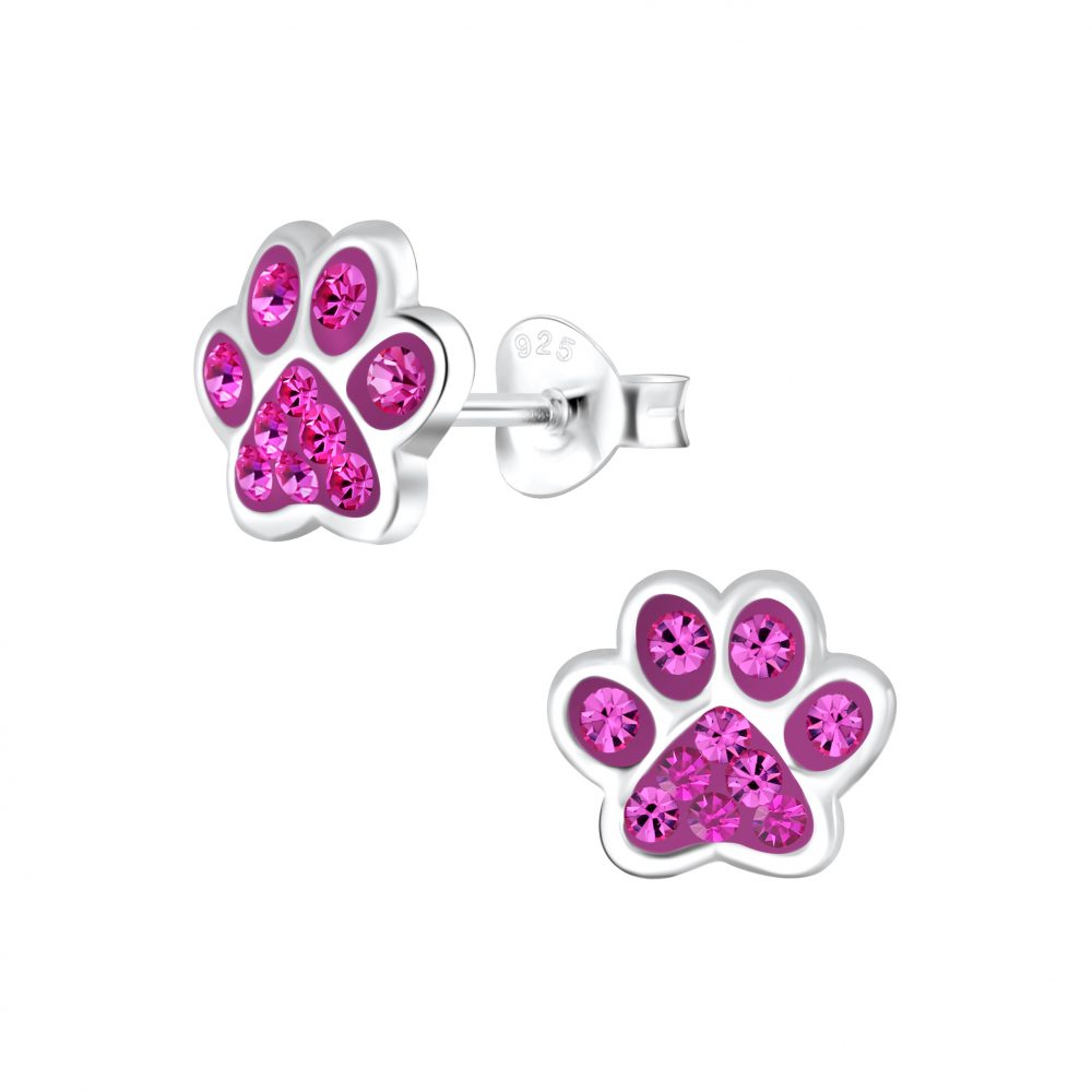 Paw Print Stud Earrings - Fuschia Pink - 8mm - 925 Sterling Silver