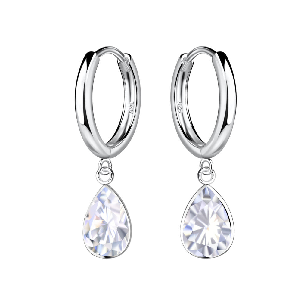 8mm Pear Cubic Zirconia Silver Huggie Earrings - White - 925 Sterling Silver