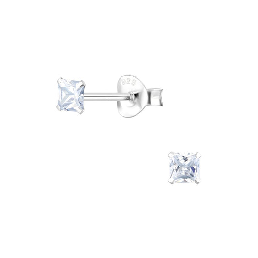 3mm Square Cubic Zirconia Silver Stud Earrings - White - 925 Sterling Silver Women's Jewelry