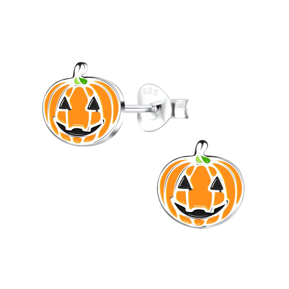 Jack-o-Lantern Pumpkin Stud Earrings - 925 Sterling Silver