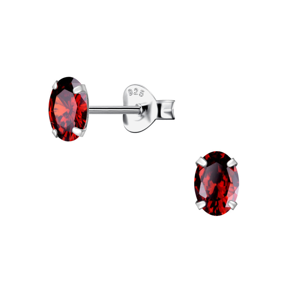 Oval Cubic Zirconia Silver Stud Earrings - 4x6mm - Garnet - 925 Sterling Silver Women's Jewelry