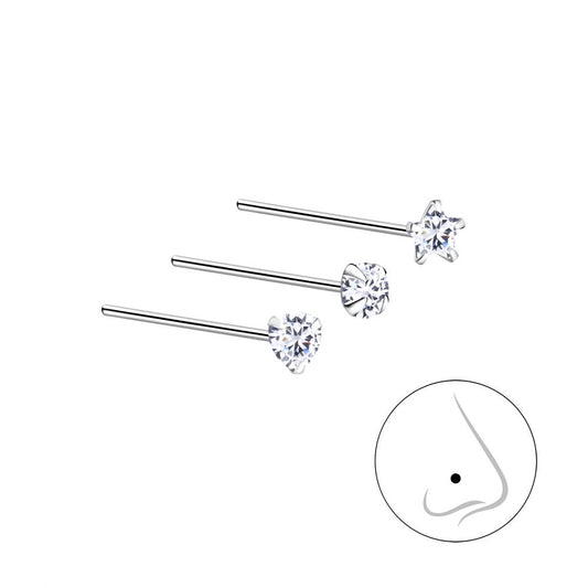 3mm Cubic Zirconia Silver Nose Stud Set - Pack of 3 - 925 Sterling Silver Women's Jewelry