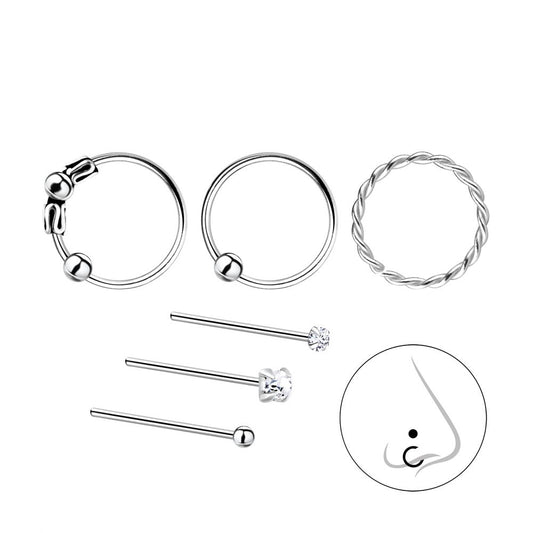 Mixed Nose Jewelry Set, 3 Nose Rings, 3 Nose Studs - 925 Sterling Silver Women's Jewelry