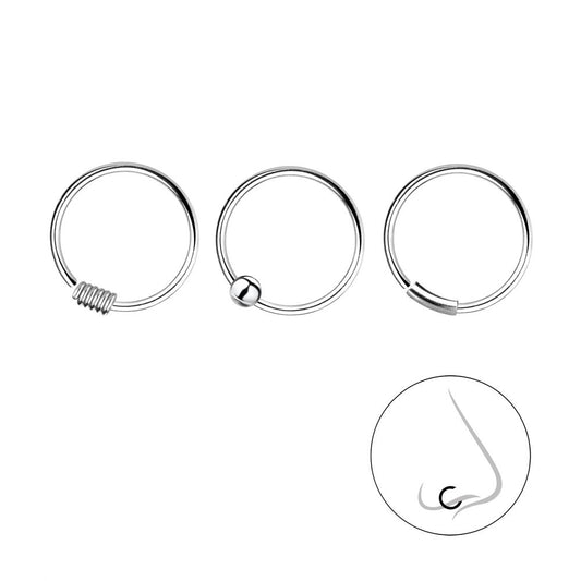 10mm Silver Nose Ring Set - Pack of 3 - 925 Sterling Silver Women's Jewelry