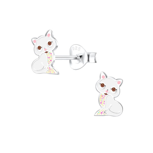 Silver White Cat Stud Earrings - 925 Sterling Silver Women's Jewelry